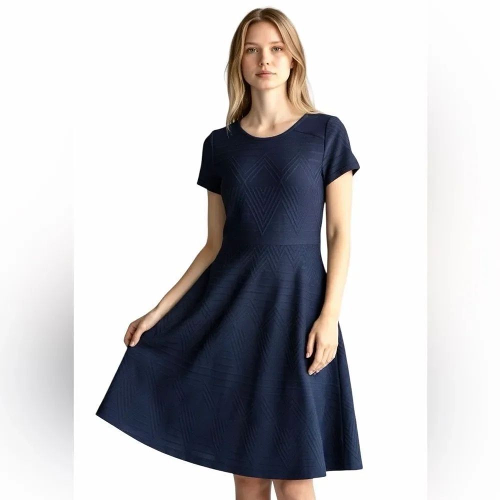 NWT Talbots Fit & Flare Dress Navy Blue Structured Rayon Blend Fabric L (8-10)